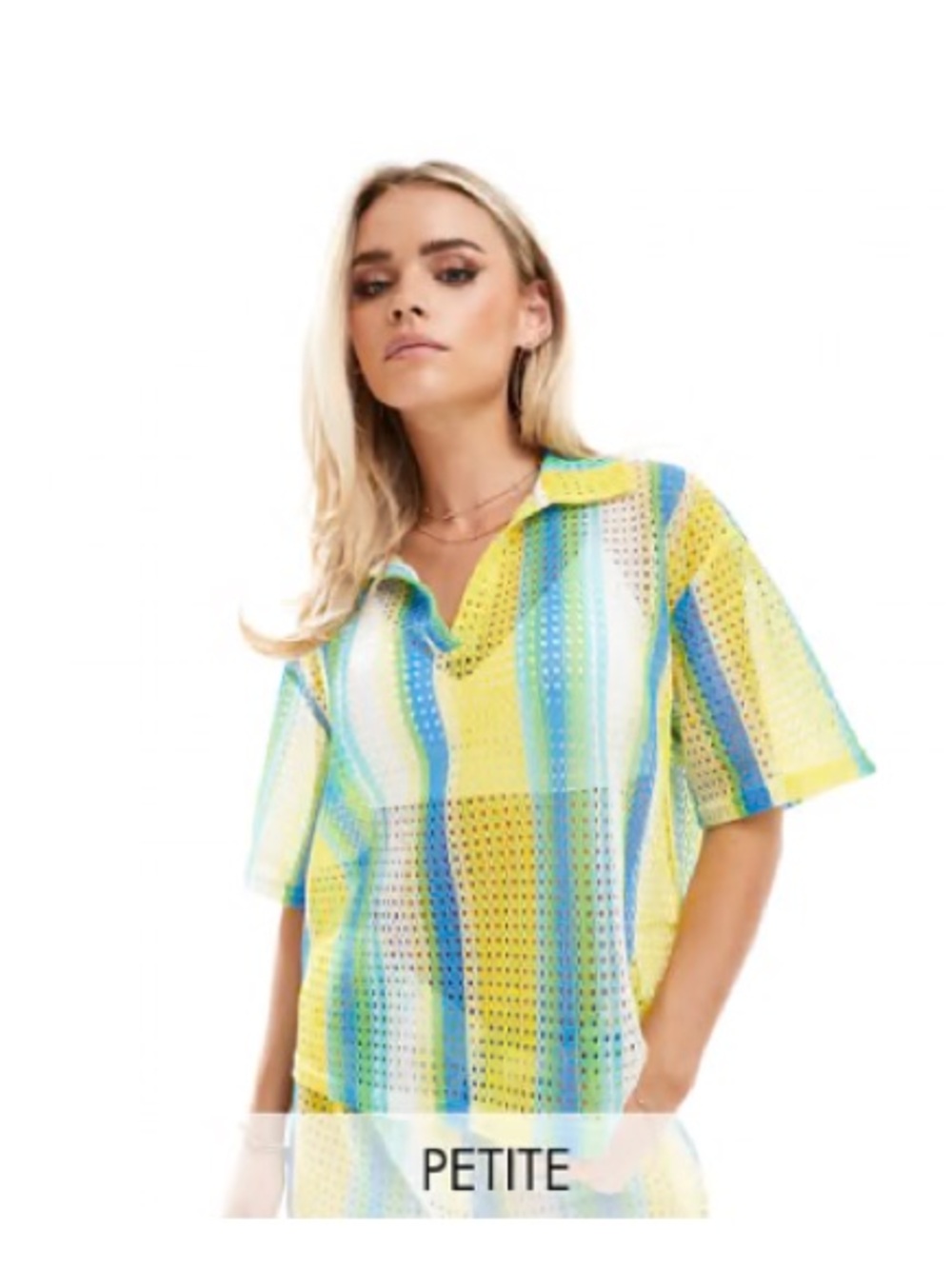 Extro & Vert Petite striped crochet shirt and trouser co-ord in multi stripe